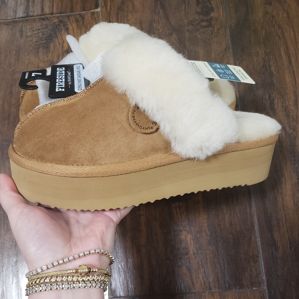 Fireside by Dearfoams Women's Melton Genuine Shearling Platform Scuff Slipper